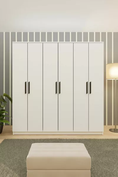 خزانة ببابين وستة محببة بدون مرآة، لون أبيض وأسود بمقابض