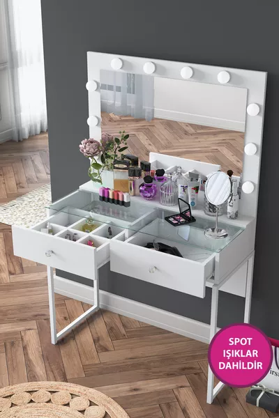 Rani Coiffeuse de Coulisses avec Miroir Illuminé Hollywood, 2 Tiroirs, Organisateur de Bijoux, Blanc