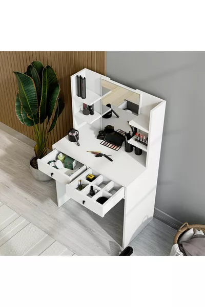 Coiffeuse blanche brillante avec miroir et 2 tiroirs, CM