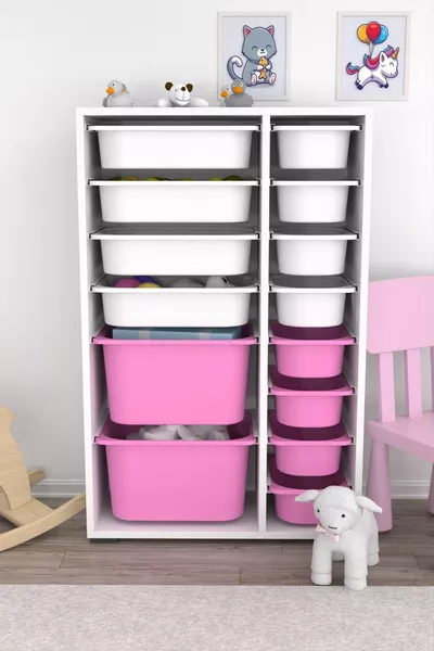 خزانة ألعاب متعددة الاستخدامات مع سلة من رين، وردي وأبيض