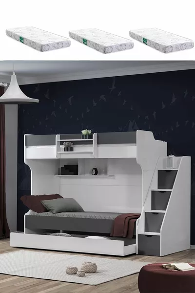 Кровать-чердак, Кардем с ярусной кроватью - Антрацит, 3 штуки с комфортным матрасом