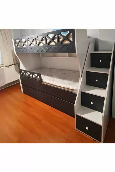 سرير بطابقين للأطفال بنموذج أنثراسيت أبيض