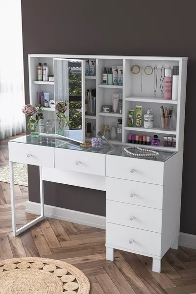 منضدة تجميل مع درج بغطاء ومرآة، ومنظم مجوهرات مع خطاف، باللون الأبيض