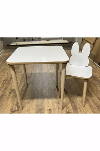 Set Tavolo e Sedie per Bambini Tavolo Attività Tavolo da Lavoro 1 Tavolo 1 Sedia Coniglio Bianco