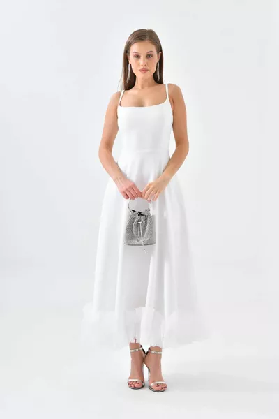 Abito da sera con volant gonna bretella bianca da donna 