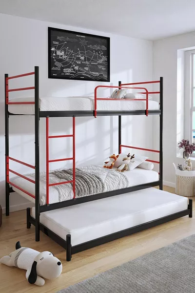 Trend Yavrulu Ranza  Yatak Uyumlu 3 Kişilik Kırmızı Metal Ranza Karyola