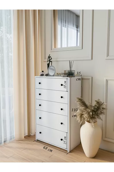 خزانة ملابس بيضاء لامعة بخمسة أدراج وحجم واسع، طاولة جانبية