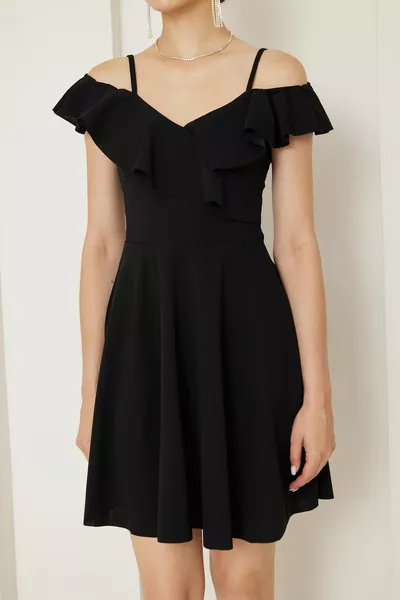 Гибкий Шёлк Ткань Воротник Маховик Детализированный Тонкий Ремешок Kiloş Чёрное Вечернее Платье Вечернее Платье 