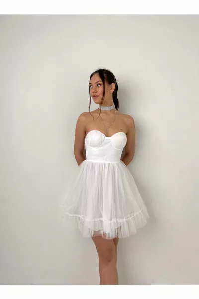 Women's Strapless Tulle Silicone Non-Slip Tread Elasticated Short Wedding Engagement Promise Graduation Evening Dress