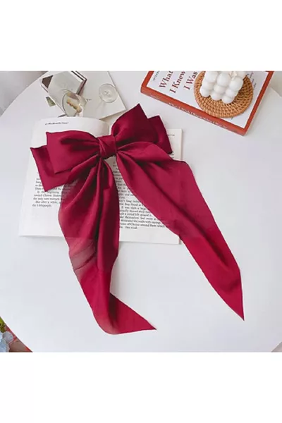 مشبك شعر بفيونكة وحاشية - مشبك شعر ساتان بفيونكة - مشبك شعر أحمر طويل بذيل فيونكة