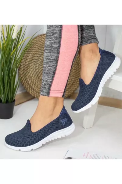 حذاء رياضي يومي نسائي كحلي وأبيض، بدون رباط، مريح وخفيف، بذاكرة