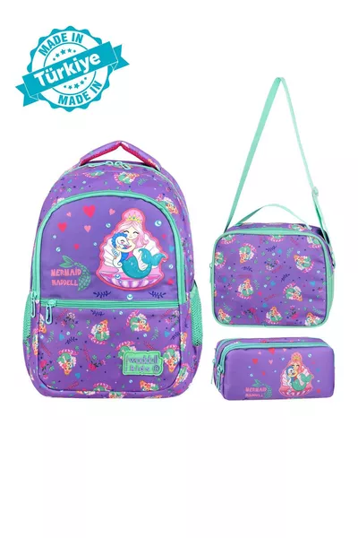 Licensed Mermaid Pattern Girls' Primary School Backpack, Lunch Bag, and 2-Pocket Pencil Case