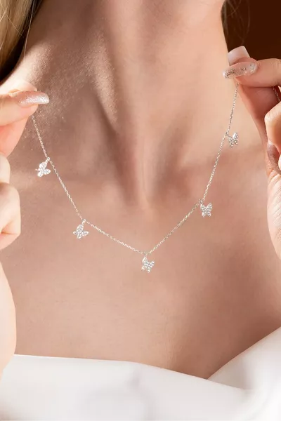  Sterling Silver Rhodium Zircon Stone Lucky Butterfly Necklace