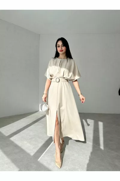 حزام البيج مفصلة جولة الرقبة شق مطوي ميدي اللباس