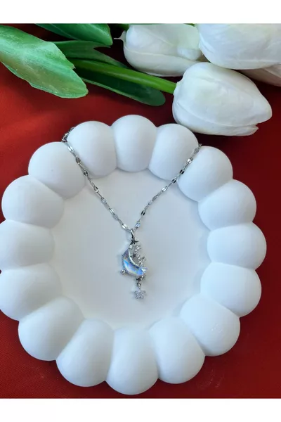 Колие с верига от неръждаема стомана L, покритие от сребро, месечина и звезда, за жени, подарък за приятелка или любима