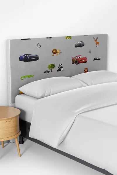 Housse de tête de lit pour enfant avec motif McQueen et animaux gris mignons