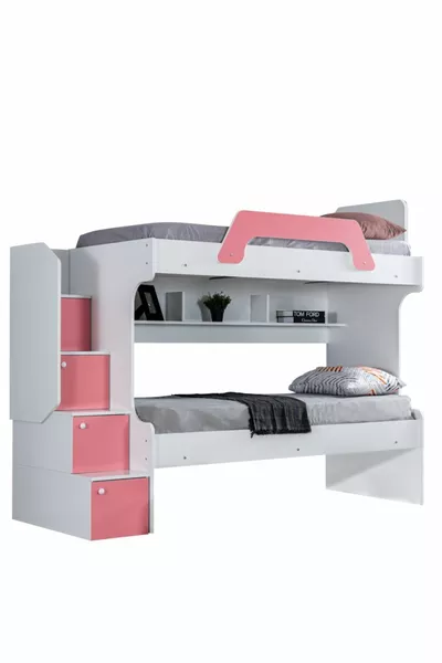 Bunk Bed, Inci 2-Tier Bunk Bed - Pink, 2 Comfort Mattresses