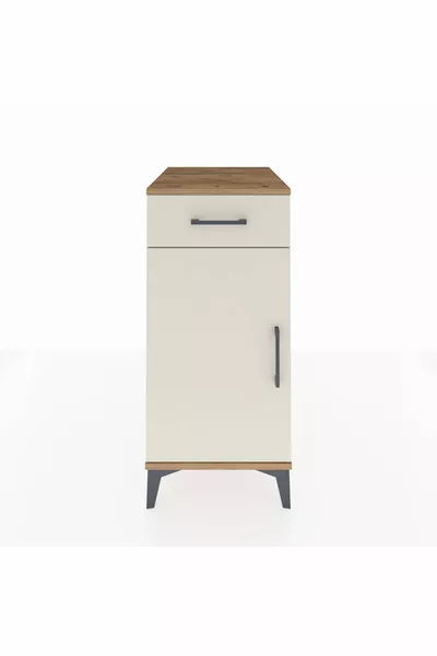 Kronos Nachtkastje met 2 Planken, 1 Lade en 1 Deurtje, Dennenhout-Tijgersteen