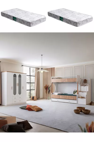 سرير بطابقين، فيتا بوهيم، سرير بطابقين بجوز صغير، خزانة بأربعة أبواب، مرتبتان مريحان