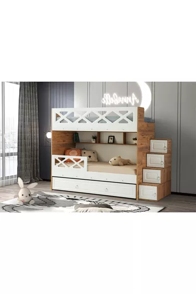 Mars Ranza / Dennenwit / 3 Slaapgedeeltes en Trap met Kast / % MDF