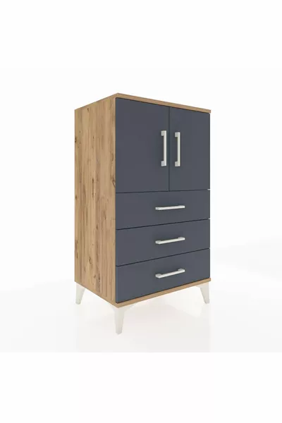 Comodino Hyperion con 2 Ripiani, 3 Cassetti e 2 Ante, Pino-Antracite