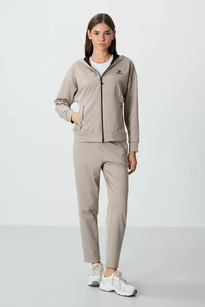Set tuta da donna con tasca nascosta con cappuccio beige scuro - 