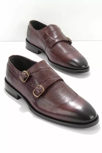 بورجوندي جلد طبيعي أحذية رجالية كلاسيكية 