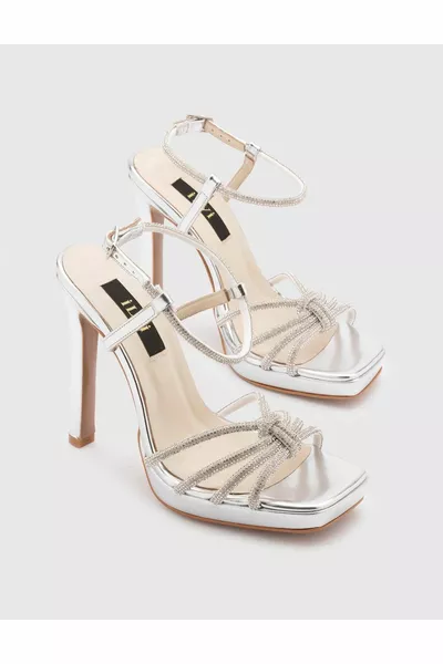 Masako Genuine Leather Women's Silver Stone Heeled Sandals