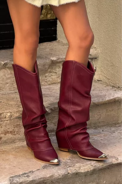 Velva Burgundy Matte Leather Toe Iron Detail Bellows Women's Heels Western Boots