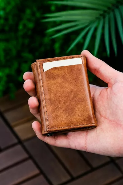 فو الجلود الرجال آلية نباتي الجلود حامل بطاقة محفظة محفظة مجنون تان