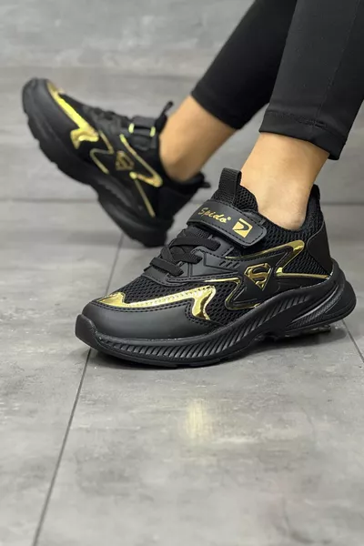 أطفال الذهب الأسود الدانتيل حتى الفيلكرو واحد خفيفة الوزن تنفس للجنسين شبكة أحذية رياضية