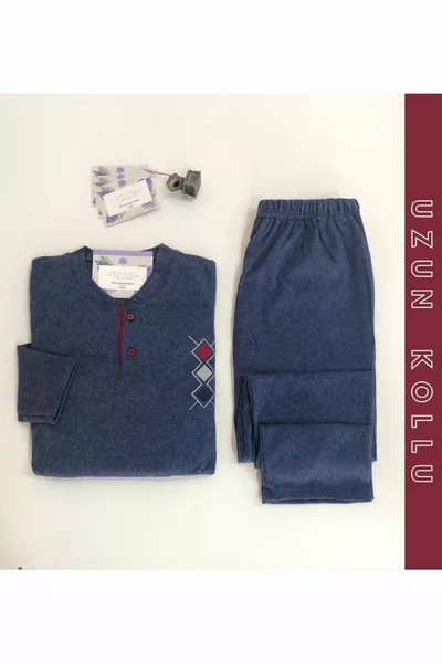 Men's Interlock Fabric Collar Two-Button Winter Thick Navy Blue Pajama Set