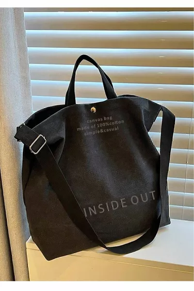 من الداخل إلى الخارج من السهل الجمع قماش حمل أسود حقيبة كتف نسائية كبيرة