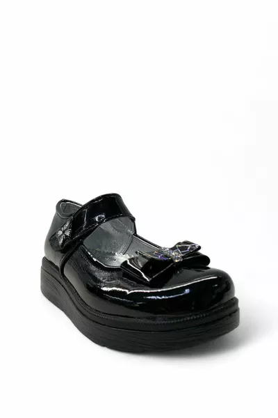  بنات العظام أسود روغان / فضي أحذية مدرسية