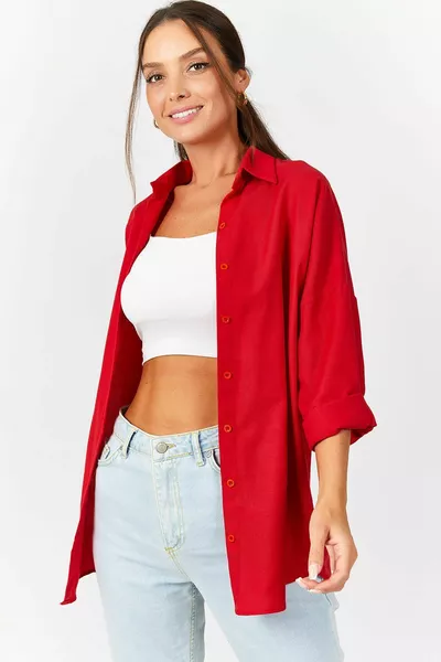 Women's Red Oversize Long Basic Shirt 