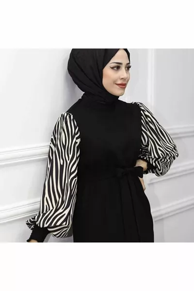 Zebra Print Long Length Hijab Dress - Nero