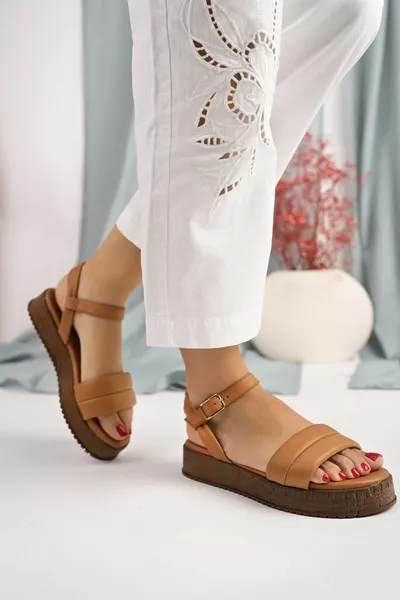 Leather Tan Stitching Single Band Thick Sole Women Sandals