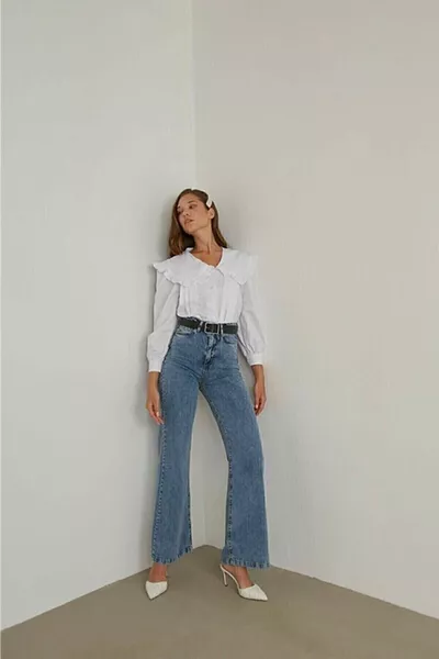 Alissa 's Snow Wash Blue Lycra Super Extra High Waist Wideleg Palazzo Shabby Jeans