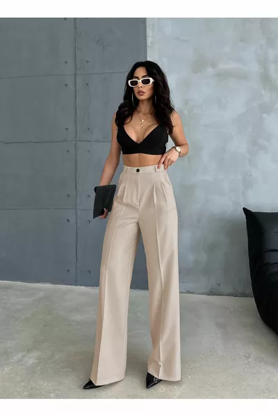 Pantalone Palazzo in Tessuto Plissettato Beige