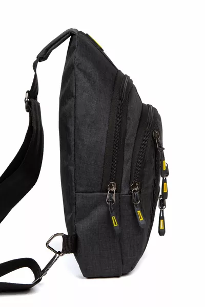 Borsa multiscomparto multiscomparto in lino nero e giallo con petto, tracolla e marsupio con orecchie e uscita USB, tracolla