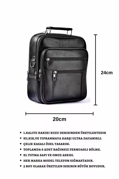 حقيبة يد وكتف من جلد أسود للرجال مع حزام قابل للتعديل (حجم كبير)