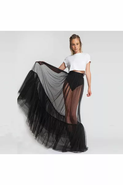 طبقة واحدة شفافة تنورة سوداء ماكسي تنورة تول طويلة طويلة