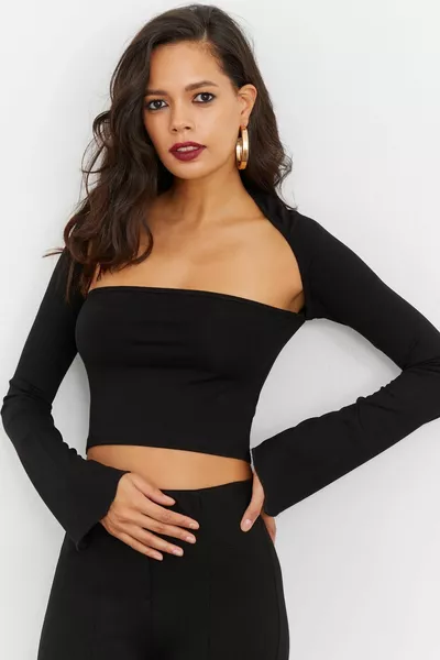 Schwarze Crop-Bluse mit Fensterausschnitt für Damen 