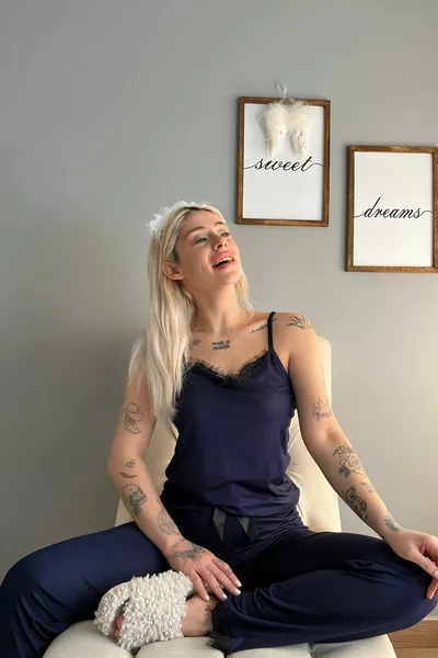 Women's Navy Blue Lace Rope Strap Knitted Pajama Set