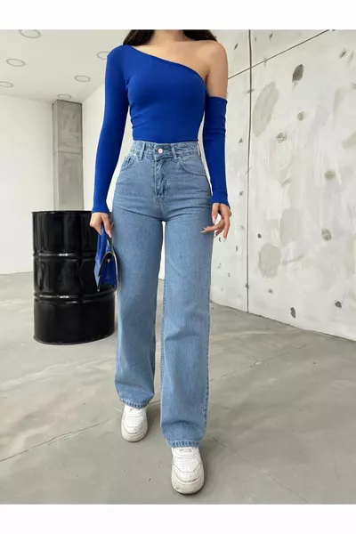 Women's Blue High Waist Lycra Stretchy Wide Leg Jeans