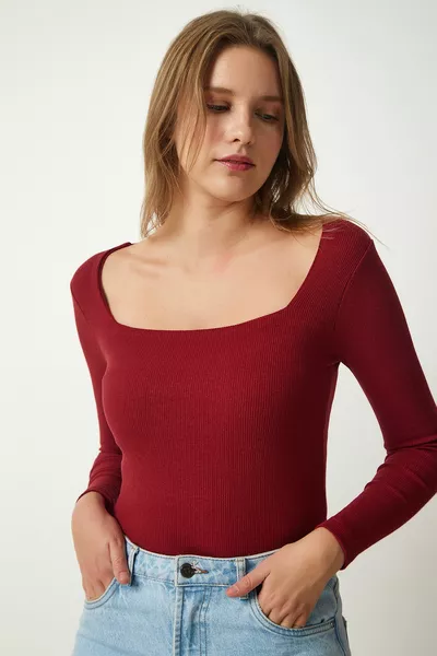 المرأة بورجوندي مربع الياقة مضلع محبوك بلوزة 