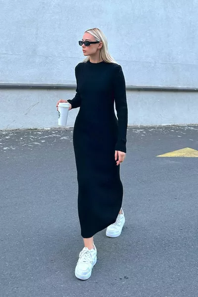 أسود بريا طاقم الرقبة المرأة سميكة متماسكة ميدي اللباس