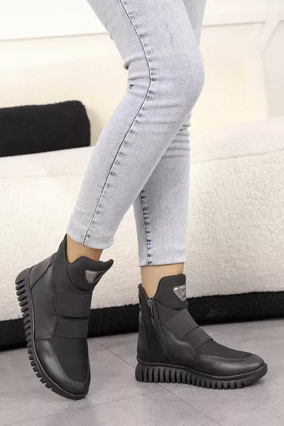 Hnm  أحذية مطاطية مفصلة نعل مسطح - أسود - جلد