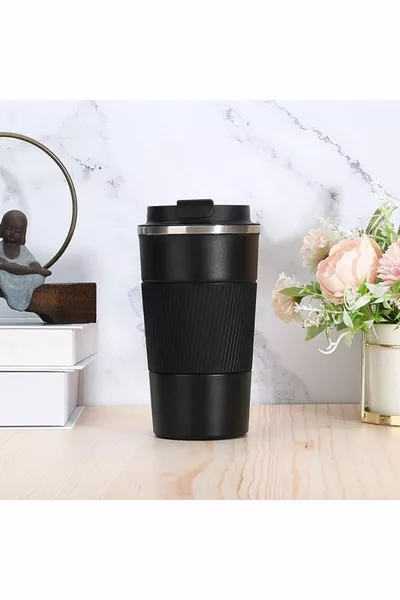  مل كوب ترمس أسود ، ترمس تخييم شاي وقهوة ، ترمس مزدوج الطبقة من الفولاذ المقاوم للصدأ للسيارة داخل السيارة