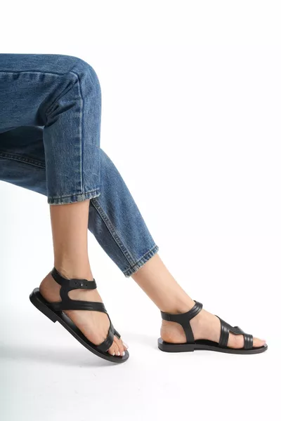 Handmade Genuine Leather Black Women's Sandals - 